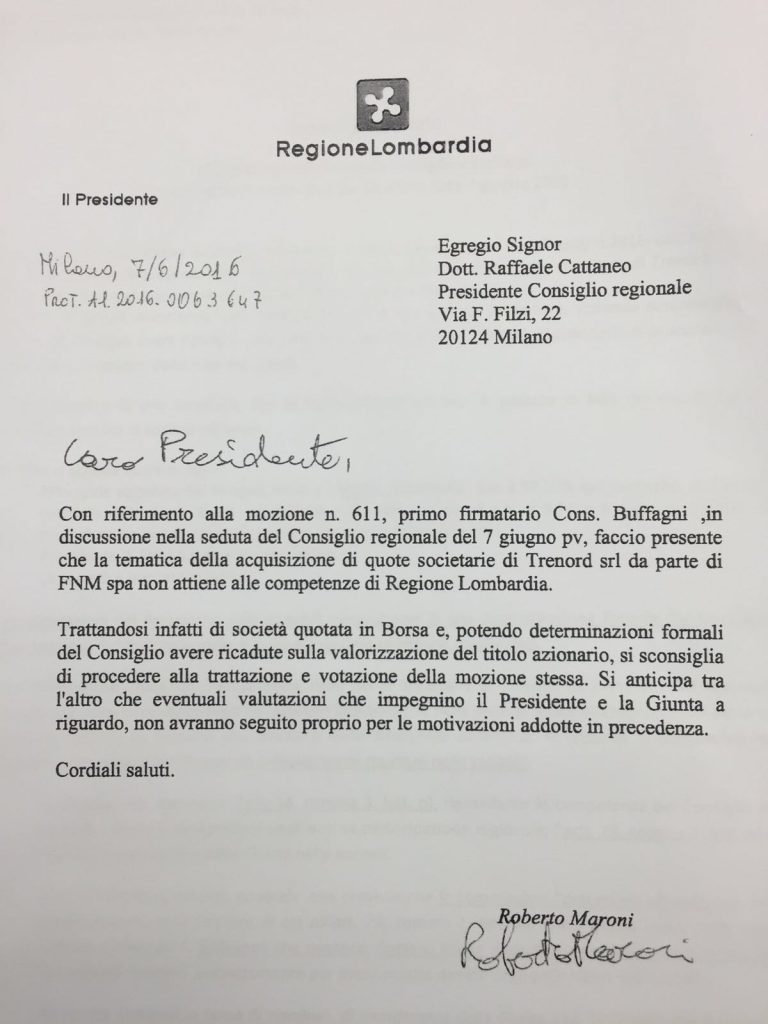 Lettera Maroni Trenord